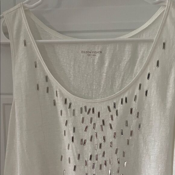 Eileen Fisher White Linen Tank Top with Silver Metallic Accents - Picture 3 of 7